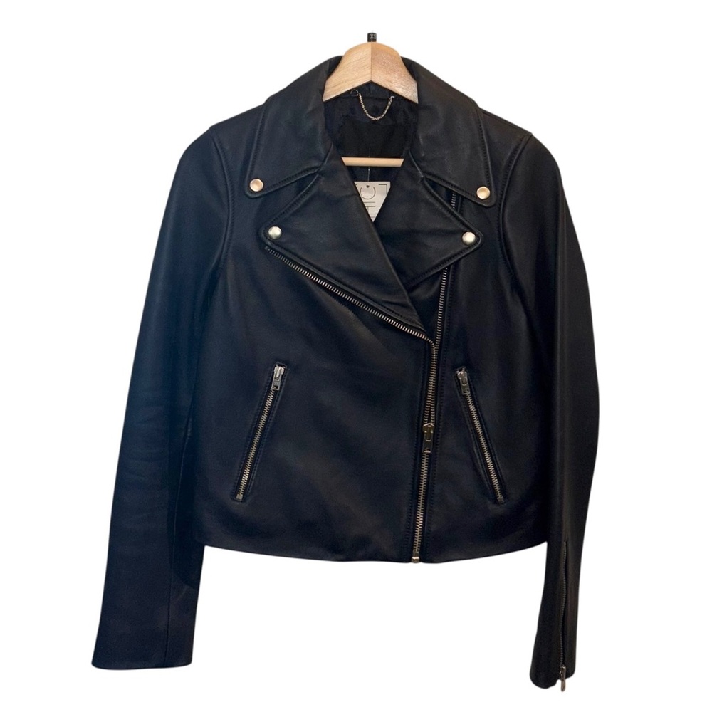 J. Crew Collection Leather Notch Collar Asymmetric Zip-Front Biker Moto Jacket - Picture 2 of 5